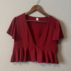 Red V-Neck Cropped Ruffle Top
